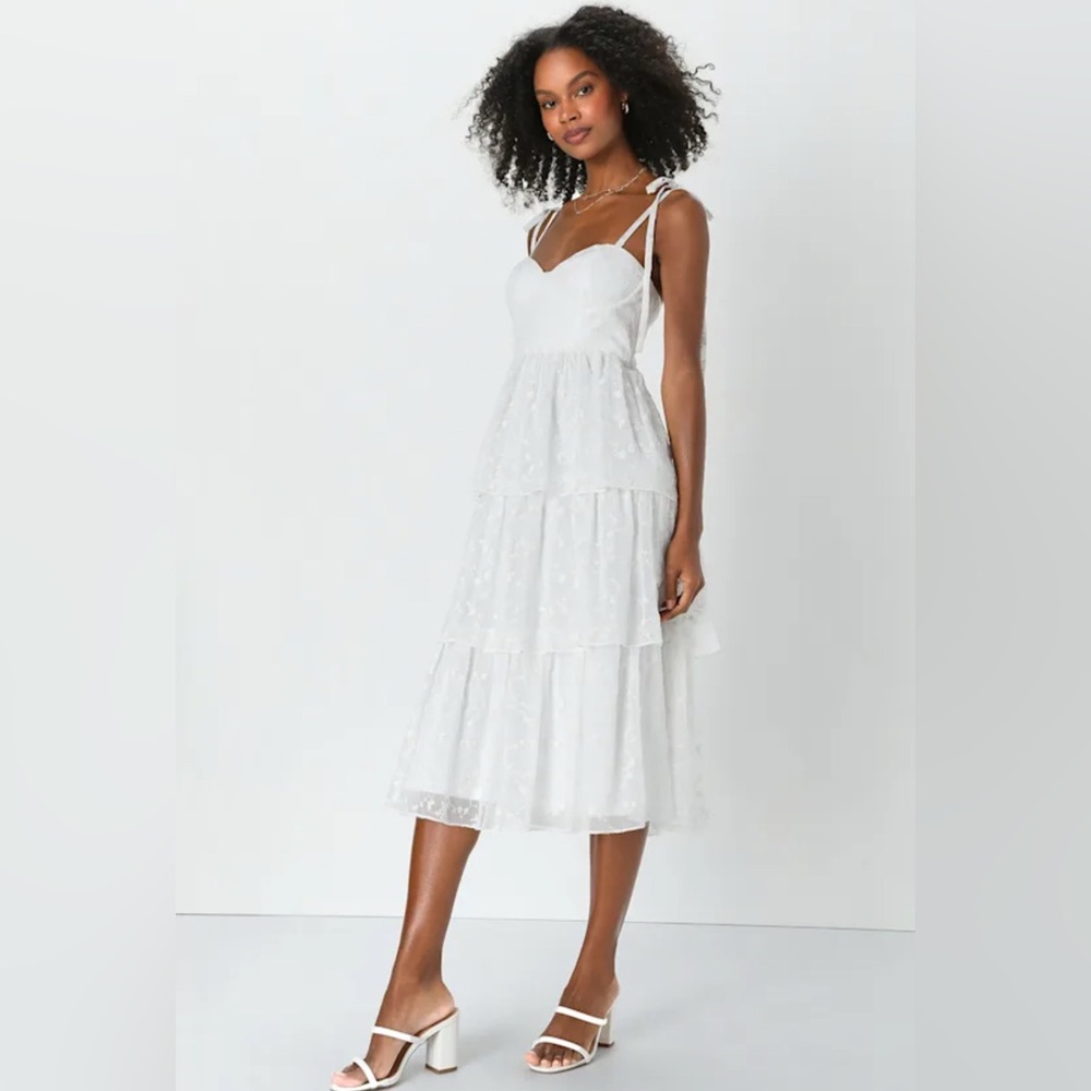 Lulus Vineyard Visit White Embroidered Tie-Strap Tiered Midi Dress